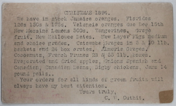 1895 Halifax postal card wholesaler to grocer client - Christmas food