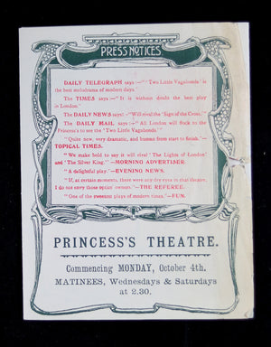 1896-7 Advertising flyer for Two Little Vagabonds play, London UK