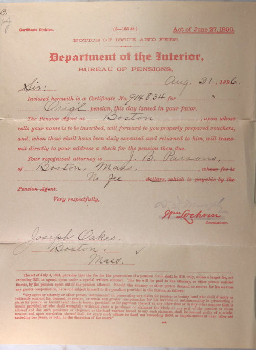1896 Boston, letter from Dept. of Interior – Bureau of Pensions