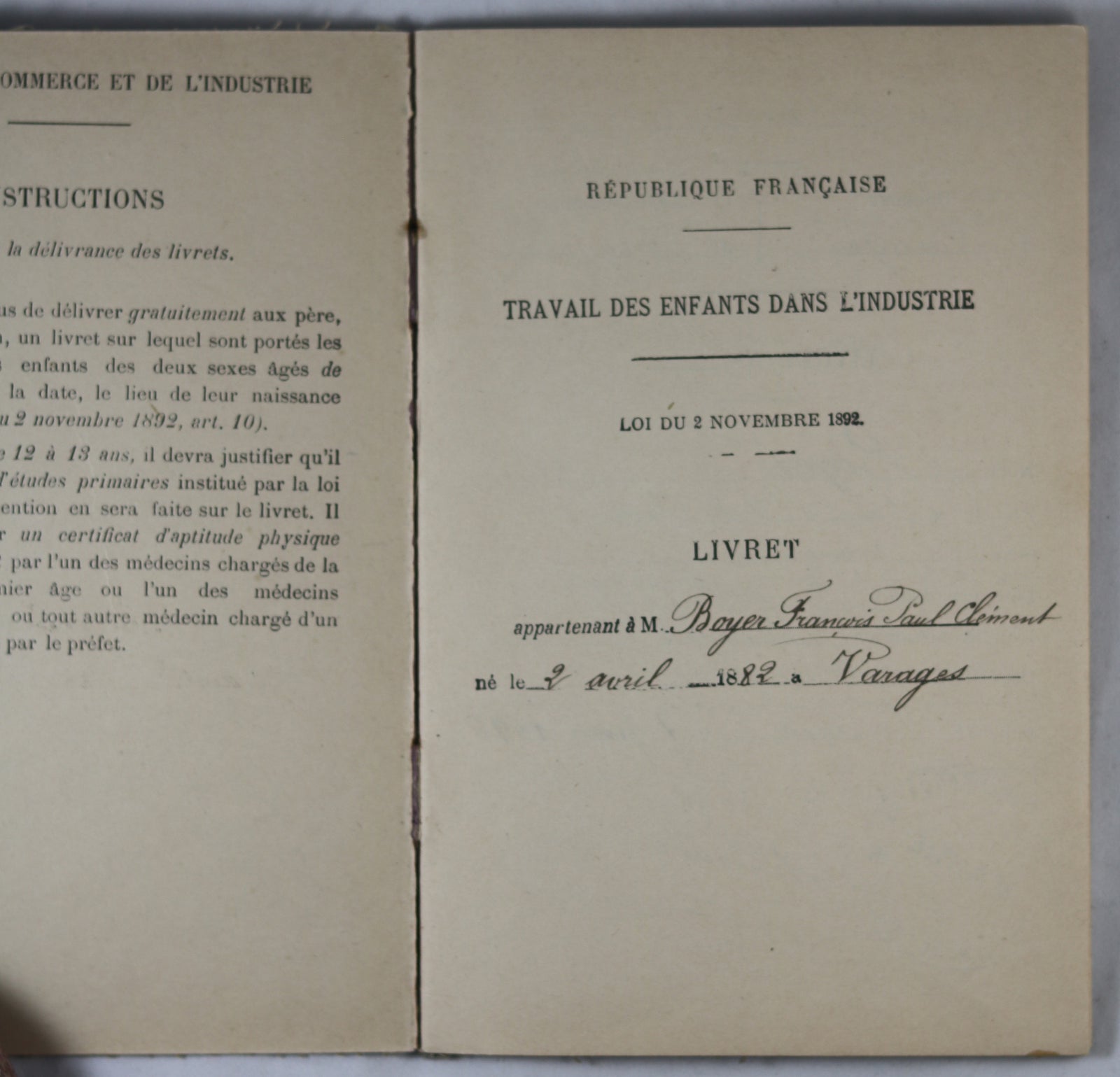 1896 livret d'embauche enfant de 14 ans- Faïencerie de Varages (Var)