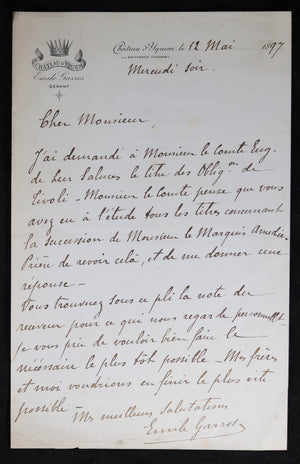 1897 Chateau d’Yquem - lettre du gérant Emile Garros