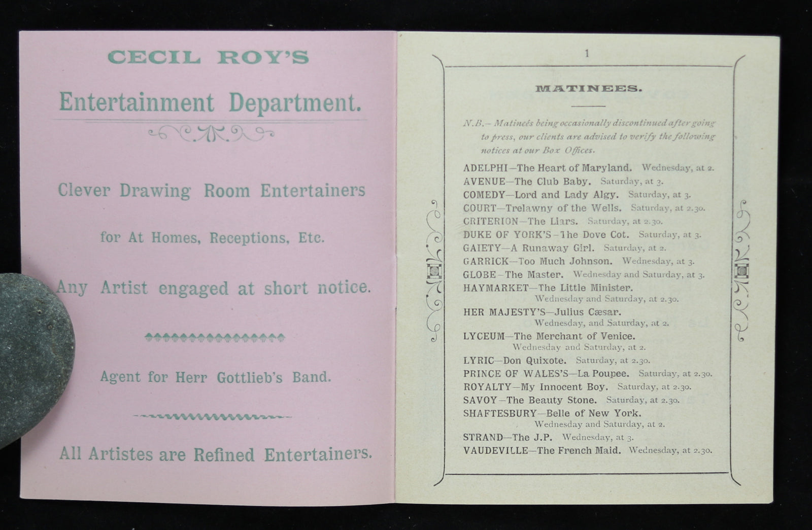 1898 London UK Cecil Roy Weekly Theatre Programme