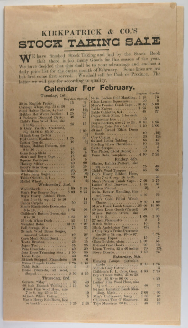 1898 price list, Stock Taking Sale, general store Lefroy Ontario
