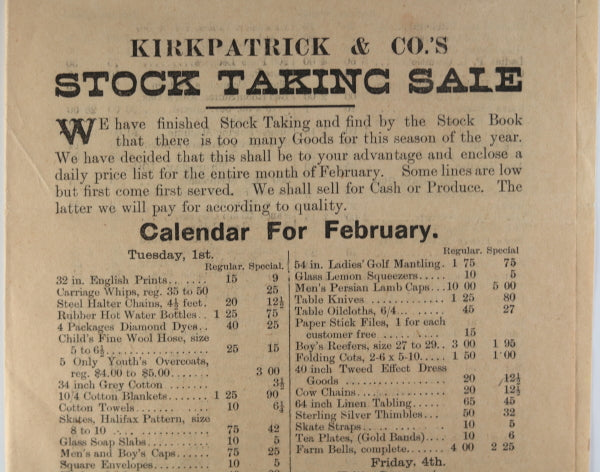 1898 price list, Stock Taking Sale, general store Lefroy Ontario