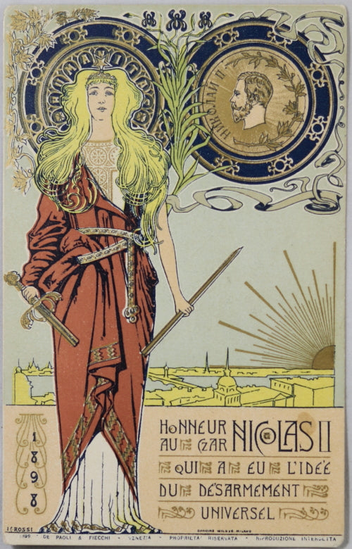 1899 carte postale Art Nouveau, Nicolas II de Russie désarmement