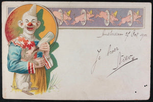 1901 Dutch circus postcard of a clown and pigs, 'Roick'