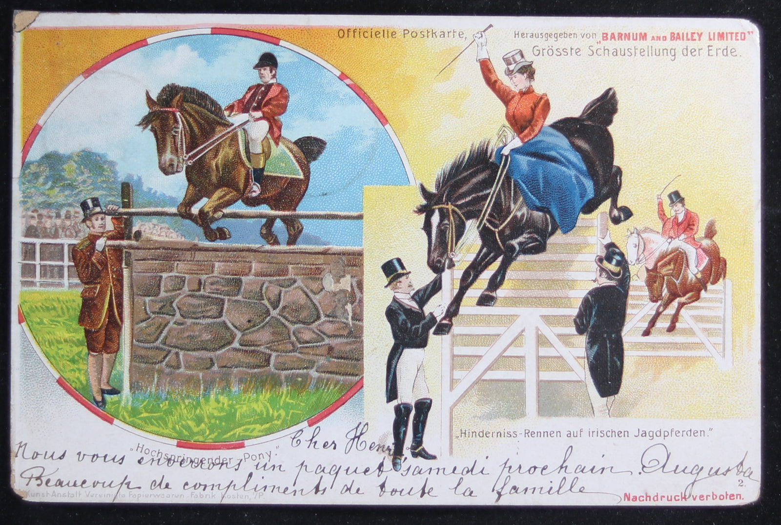1901 Barnum and Bailey horse jumping postcard (German)
