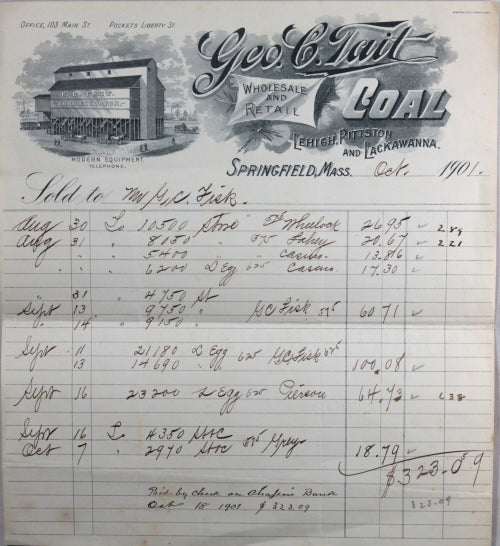 1901 commercial letter, George Tait Coal Springfield MA letterhead