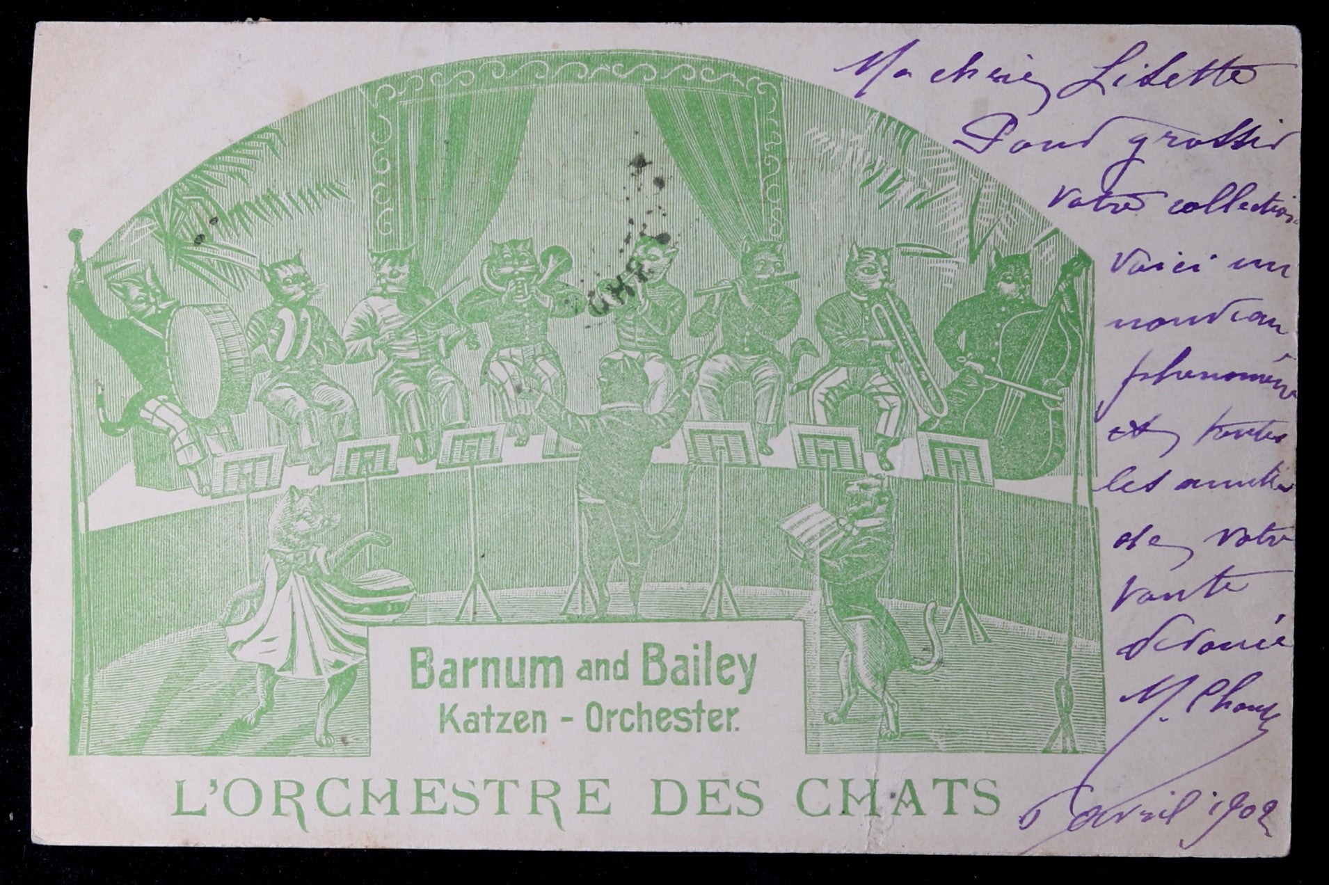 1902 Barnum and Bailey ‘Cat Orchestra’ postcard (German/French)