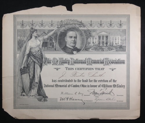 1902 Certificate of contribution to McKinley National Memorial Assn.