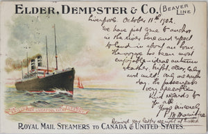 1902 postcard steamship Elder, Dempster & Co, sent to Canada from UK