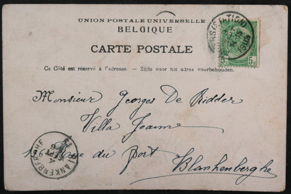 1903 Belgium circus postcard with clowns and balancing dog