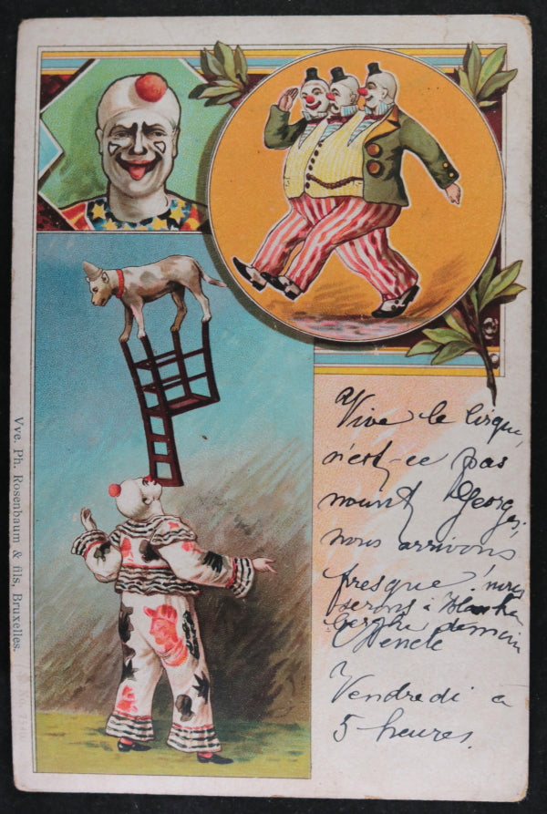 1903 Belgium circus postcard with clowns and balancing dog 1903 Belgium circus postcard with clowns and balancing dog
