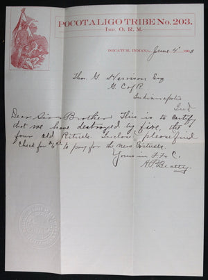 1903 Indianapolis letter Improved Order Red Men, Pocotaligo Tribe #203