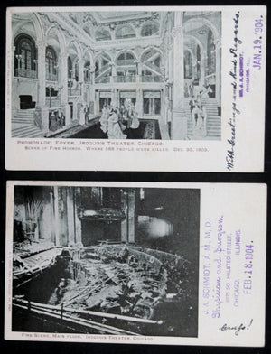 1903 USA two postcards deadly fire at Iroquois Theatre Chicago Illinois
