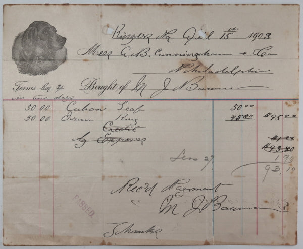 1903 Pennsylvania illustrated receipt for purchase of tobacco