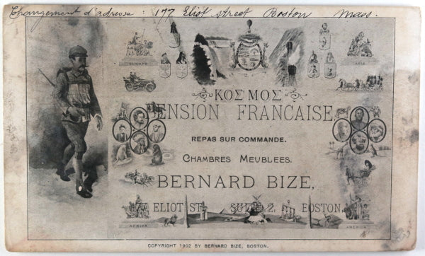 1903 advertising postcard for French boarding house in Boston