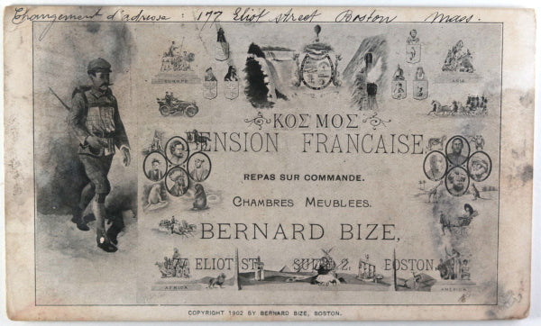 1903 advertising postcard for French boarding house in Boston