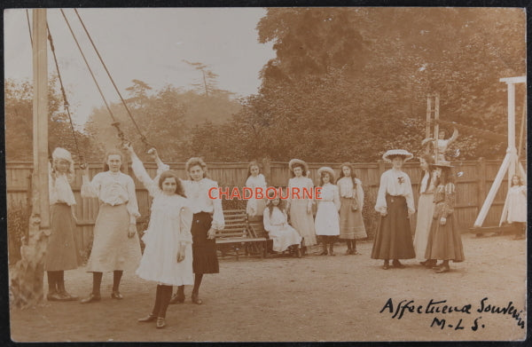 1904 UK photo postcard, girls schoolyard Hornsey (London)