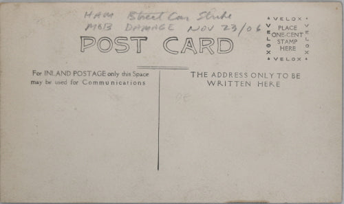 1906 RPPC photo postcard of vandalized streetcar, Hamilton ON strike