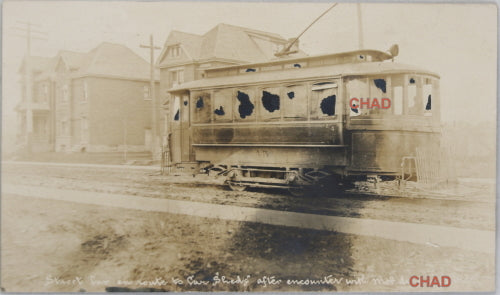 1906 RPPC photo postcard of vandalized streetcar, Hamilton ON strike