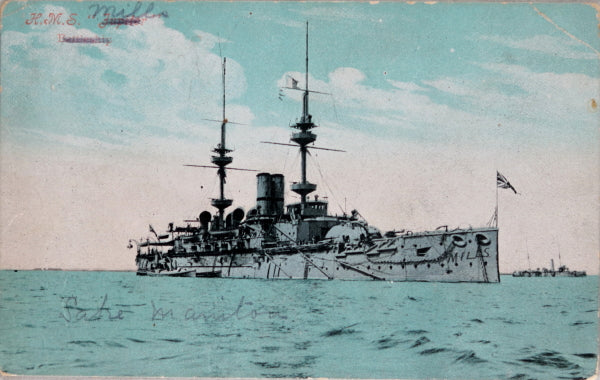 1906 postcard of battleship H.M.S Jupiter at anchor