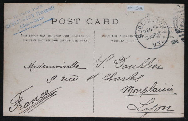 1906 postcard photo of child in sled, Burlington Vermont