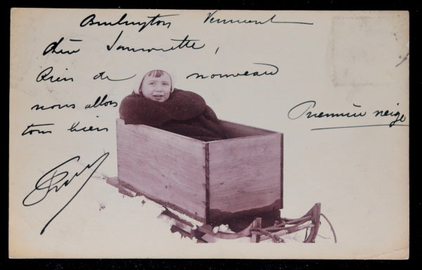 1906 postcard photo of child in sled, Burlington Vermont