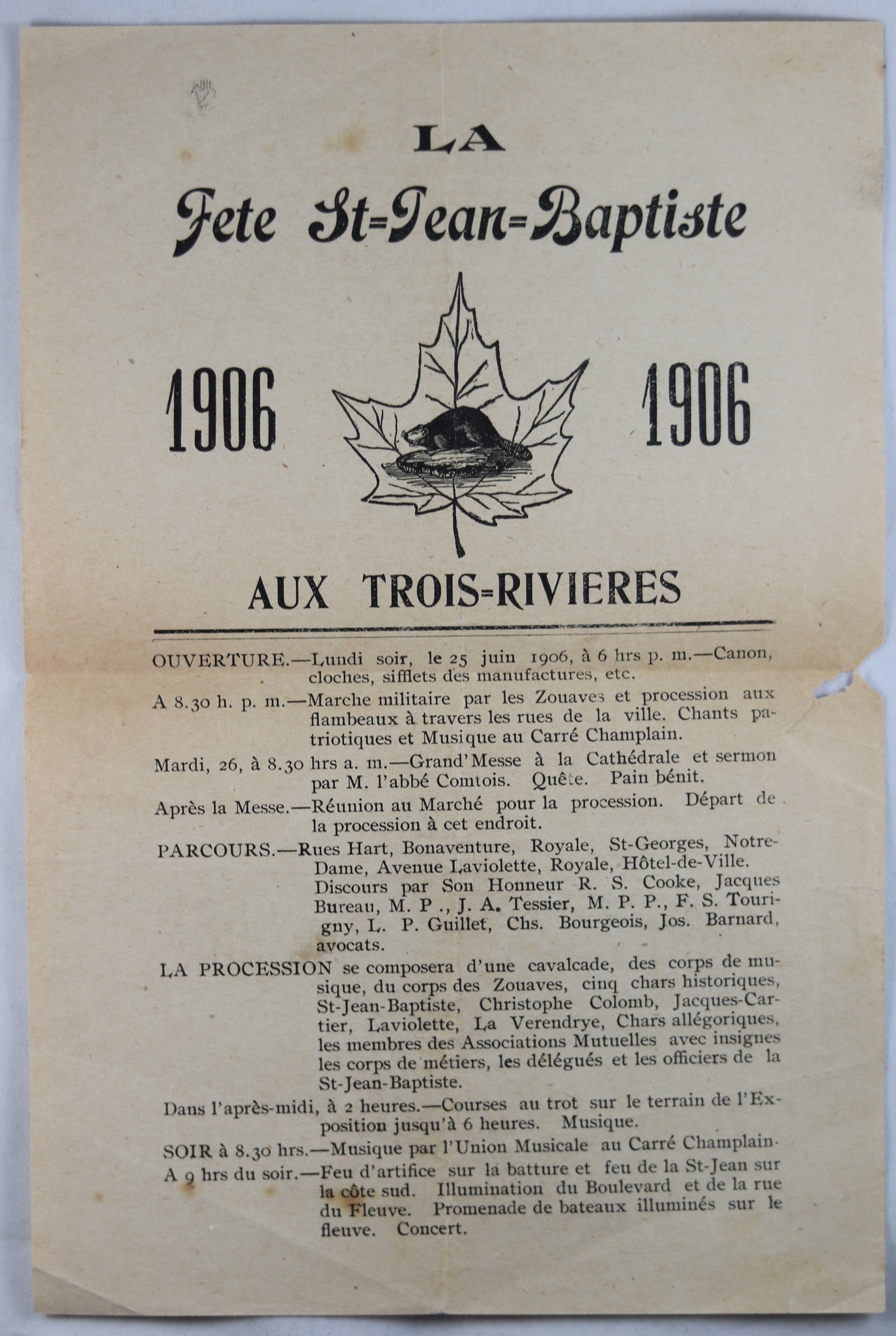 1906 programme pour Fête Saint-Jean Baptiste Trois-Rivieres Québec