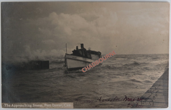 1907 Canada  Port Dover Ont. photo postcard of boat in Lake Erie storm