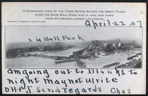 1907 Pittsburgh postcard, Three Rivers & ballpark during Great Flood