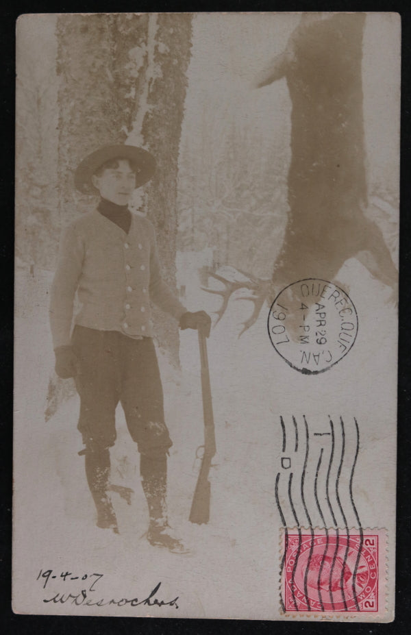 1907 Quebec Canada, photo postcard of deer hunter