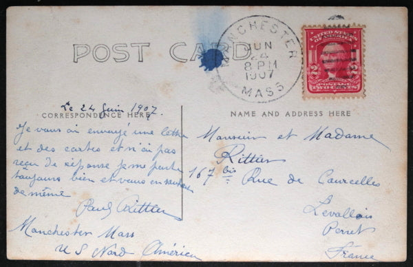 1907 photo postcard two early classic automobiles Manchester MA