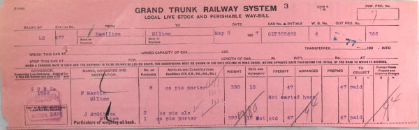 1907 set of four Grand Trunk Railway freight way-bills, Milton Ontario