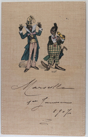 1907 carte postale deux clowns de cirque noir