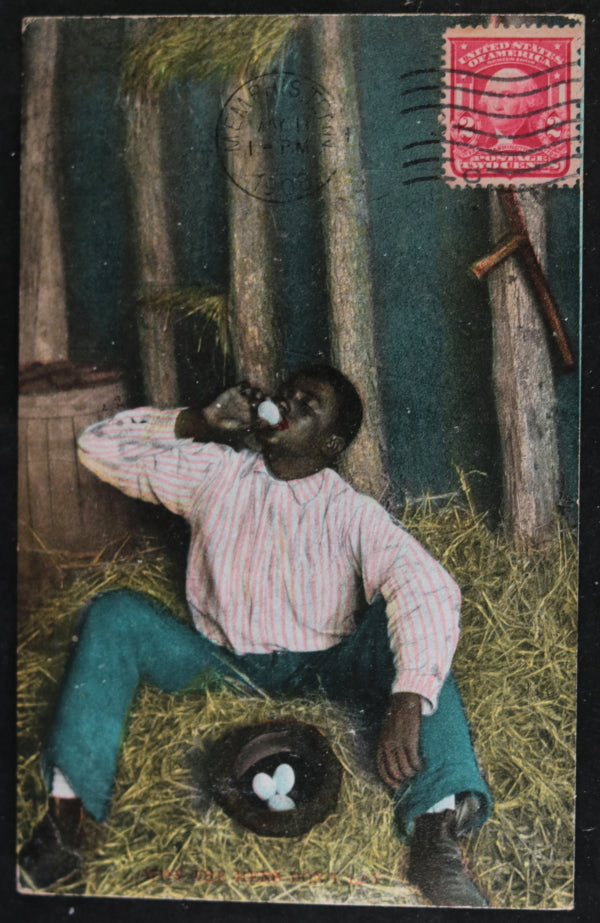 1908 Black Americana postcard, African American man eating eggs