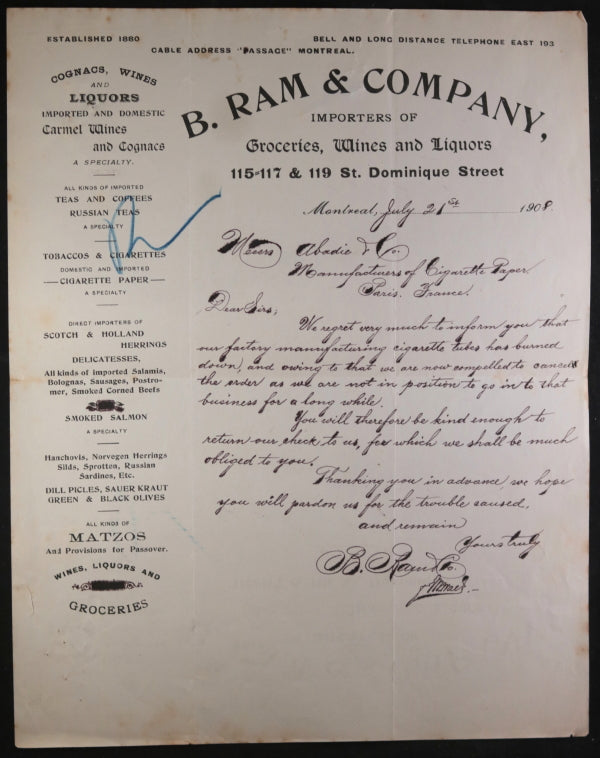 1908 Montreal letter from Ram & Co. cigarette tube factory burned down