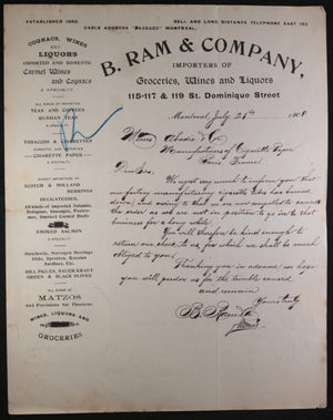 1908 Montreal letter from Ram & Co. cigarette tube factory burned down