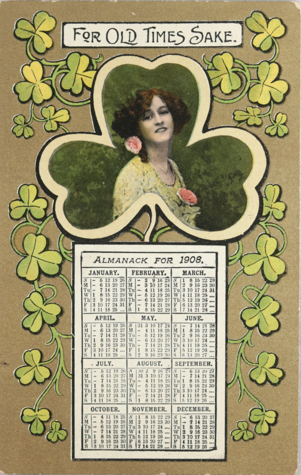 1908 Canada New Year’s postcard with calendar, Irish theme