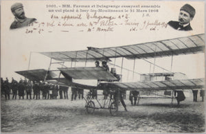 1908 carte postale, photo aviateurs Farman et Delagrange, vol plané