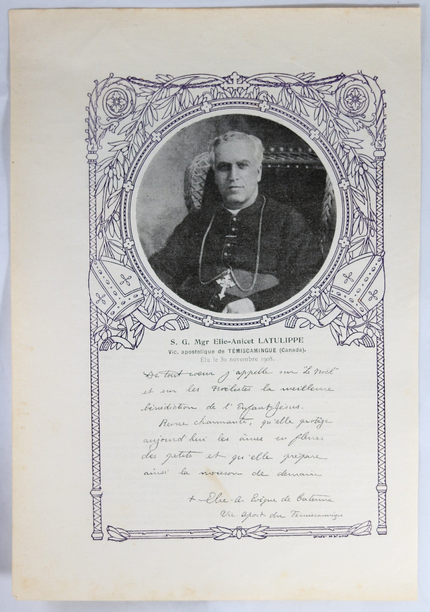 1908 page avec Bénédiction Mgr Latulippe Ville-Marie Québec