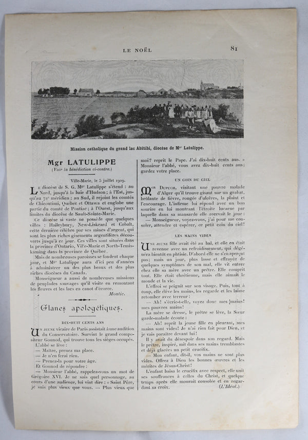 1908 page avec Bénédiction Mgr Latulippe Ville-Marie Québec