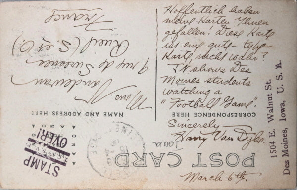 1908 photo postcard, fans at high school football game, Ida Grove Iowa