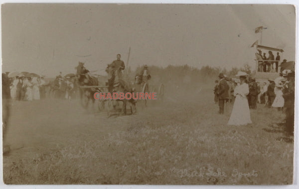 1909 Duck Lake Saskatchewan photo postcard of work wagon race 1909 Duck Lake Saskatchewan photo postcard of work wagon race