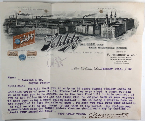 1909 USA Schlitz letterhead on commercial letter to Cognac France