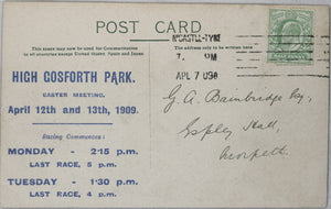 1909 photo postcard Newcastle Race Course (UK), horse Easter Meeting