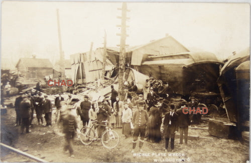 1909 photo postcard of Willoughby Ohio train wreck cause by sabotage