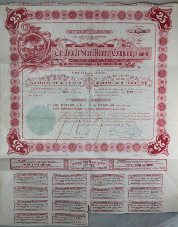 1910 Canada 25 shares Cobalt Star Mining Co. with warrants