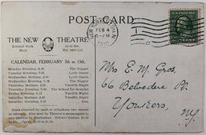 1910 NYC postcard for “New Theatre” with play calendar