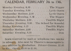 1910 NYC postcard for “New Theatre” with play calendar